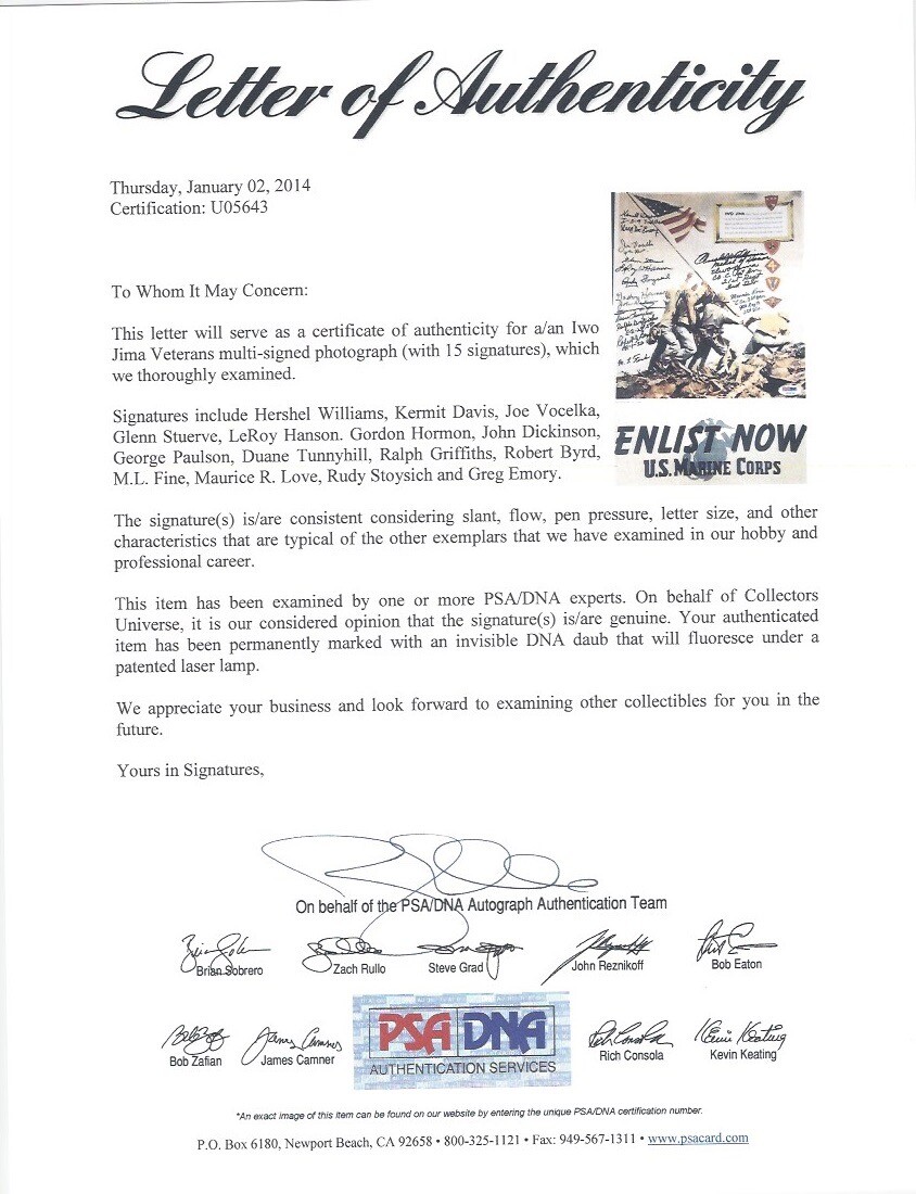 IWO JIMA VETERANS MULTI SIGNED 9X14 ENLIST NOW PHOTO PSA DNA X15 RARE