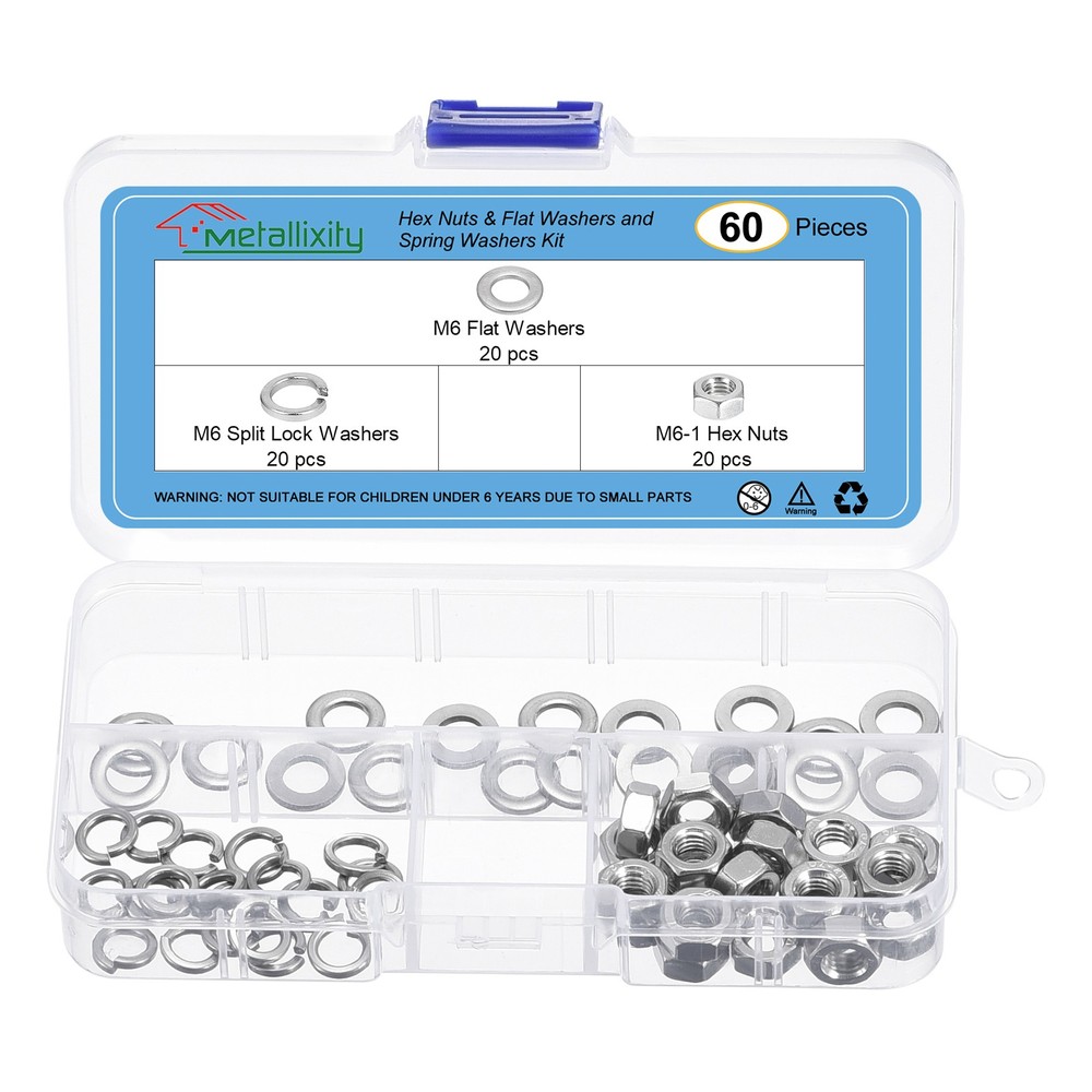 Hex Nuts Assortment Kit (M6-1 Hex Nuts with M6 Flat Washers) 60Pcs Kit