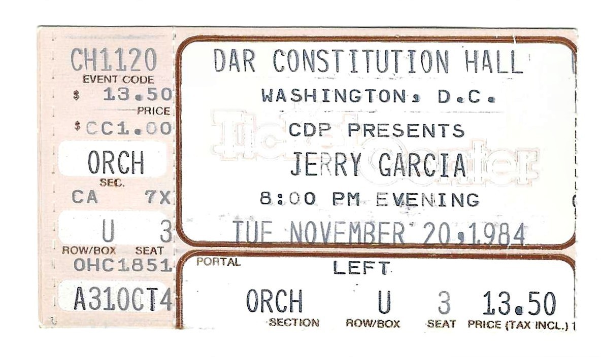 GRATEFUL DEAD TICKET 11-20-1984 JERRY GARCIA DAR CONSTITUTION HALL WASHINGTON DC
