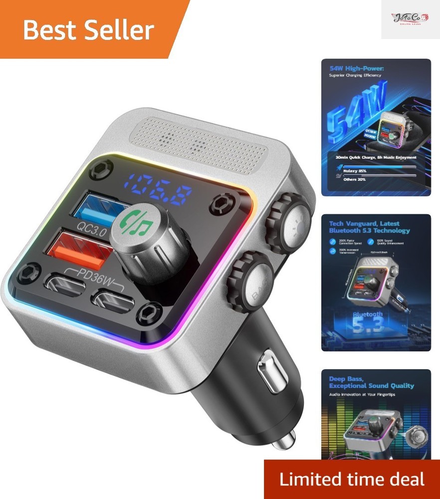 54W Bluetooth 5.3 Car Adapter with 4 Ports & Deep Bass - FM Transmitter Silver