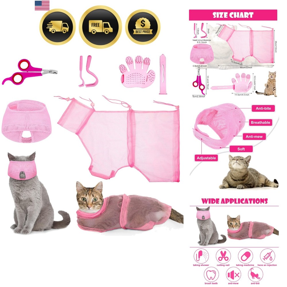 Cat Grooming Set Bathing Bag Nail Clipper Muzzle Brush Tick Remover Pink