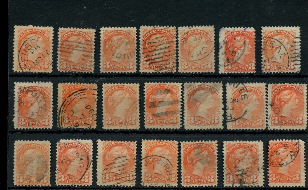 21 -- SMALL QUEEN 3 cent Various cancels, corks, used lot CAnada