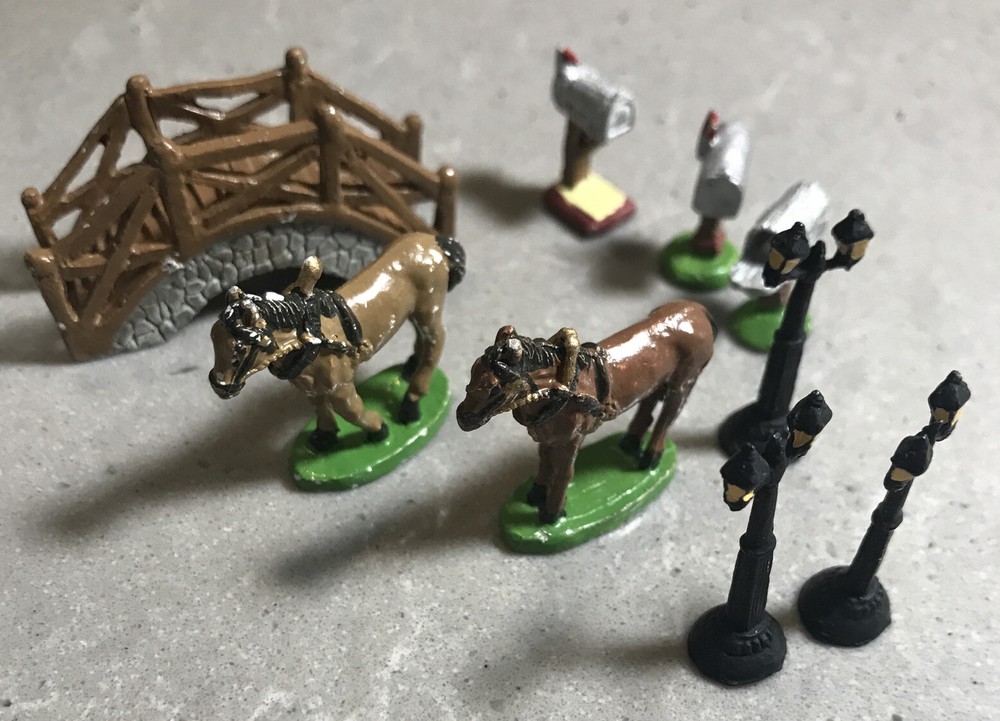 Village Miniature Accessory Set Horses Bridge Mailboxes Lamppost