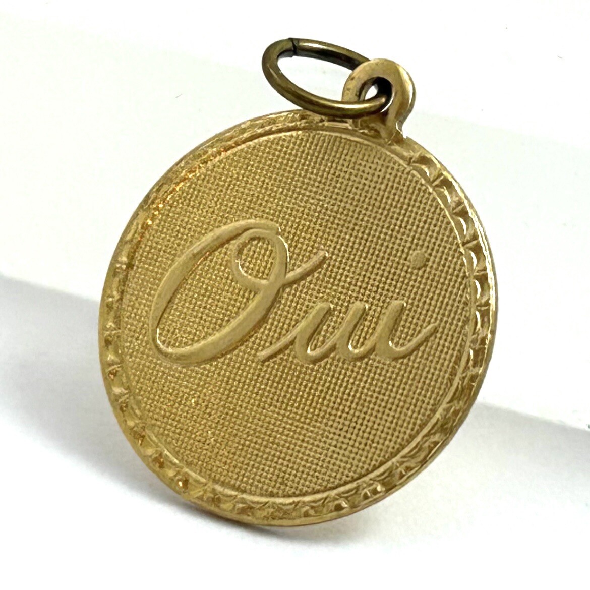 Vintage French Oui Charm Yes Necklace Pendant Brass Metal Jewelry