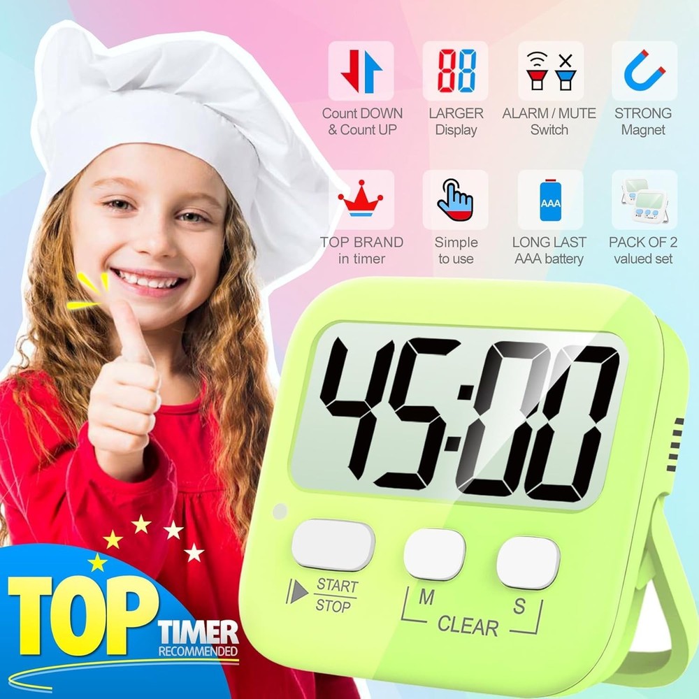 2 Pack Digital Timer for Kids, Magnetic Countdown Kitchen Timers for Cooking,...