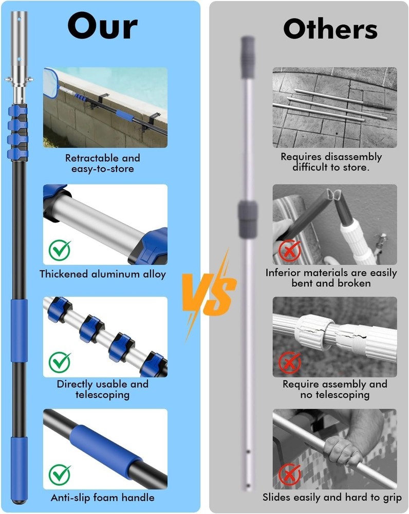 Adjustable 16FT Aluminum Pool Pole - Versatile Tool for Cleaning Accessories