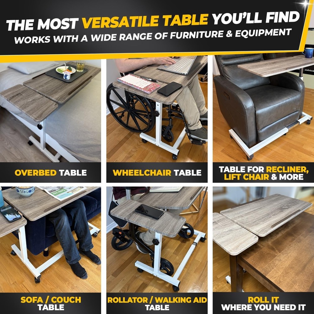 Recliner Table, Over the Bed Table with Wheels, Adjustable Width & Height, wi...