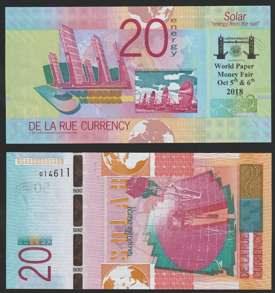 De la Rue Solar 20 Energy 2008 Advertising Test Note UNC Uncirculated