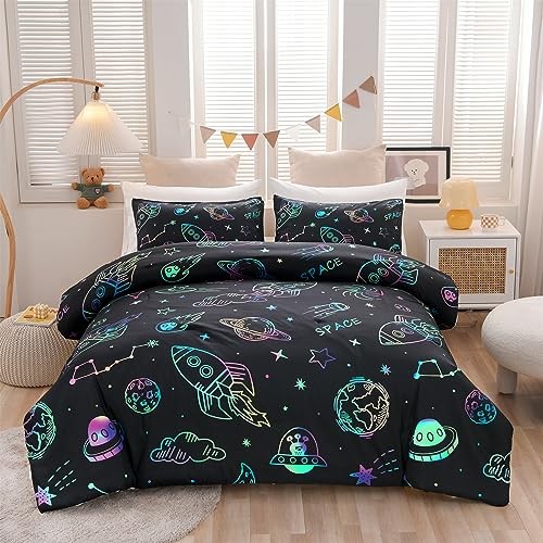 Space Rocket Bedding Set Kid Comforter Set Size Super Soft & Cute Full Black