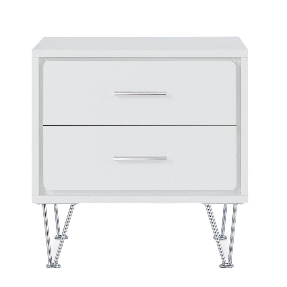 The modern white two-drawer table emphasizes medium-density fiberboard