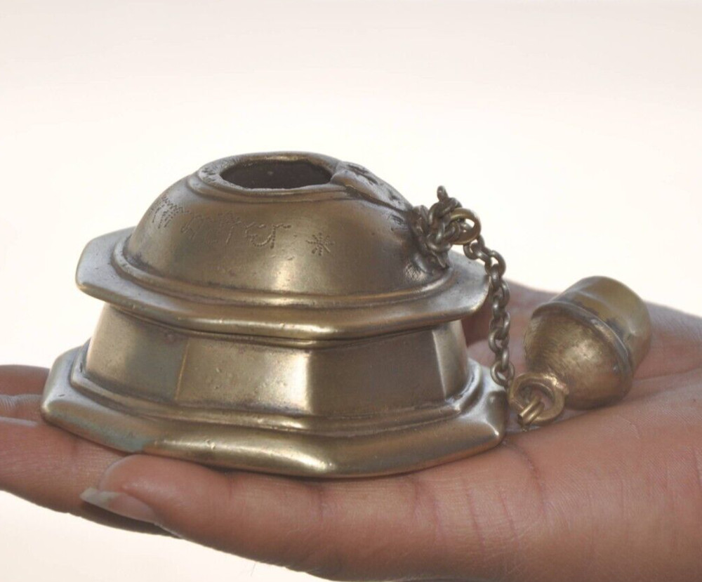 Vintage Unique Solid Handcrafted Fine Brass Octagonal Shape Inkpot