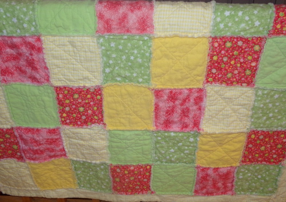 Patchwork QUILT Flannel RAG 56 x 48 Reversible Yellow Gingham & Florals