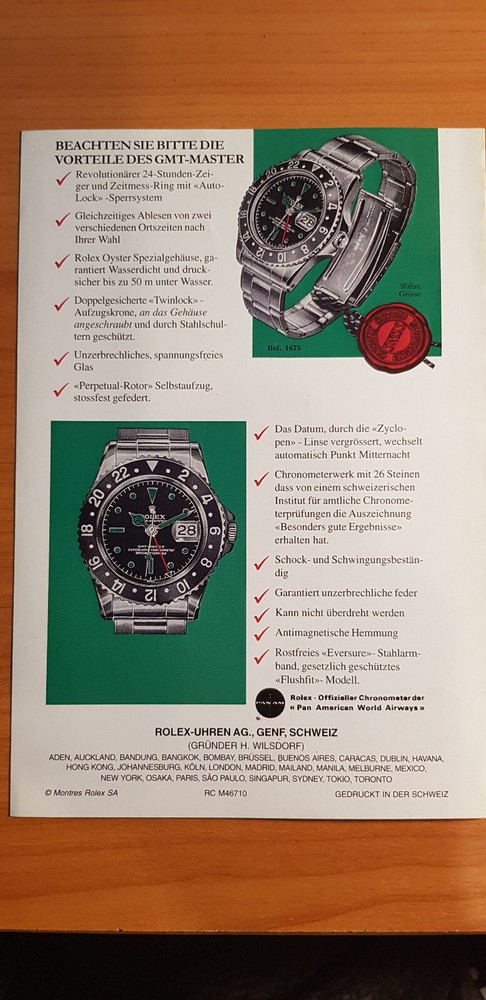 Rolex GMT-Master vintage Leaflet german 1966 reference RC M46710