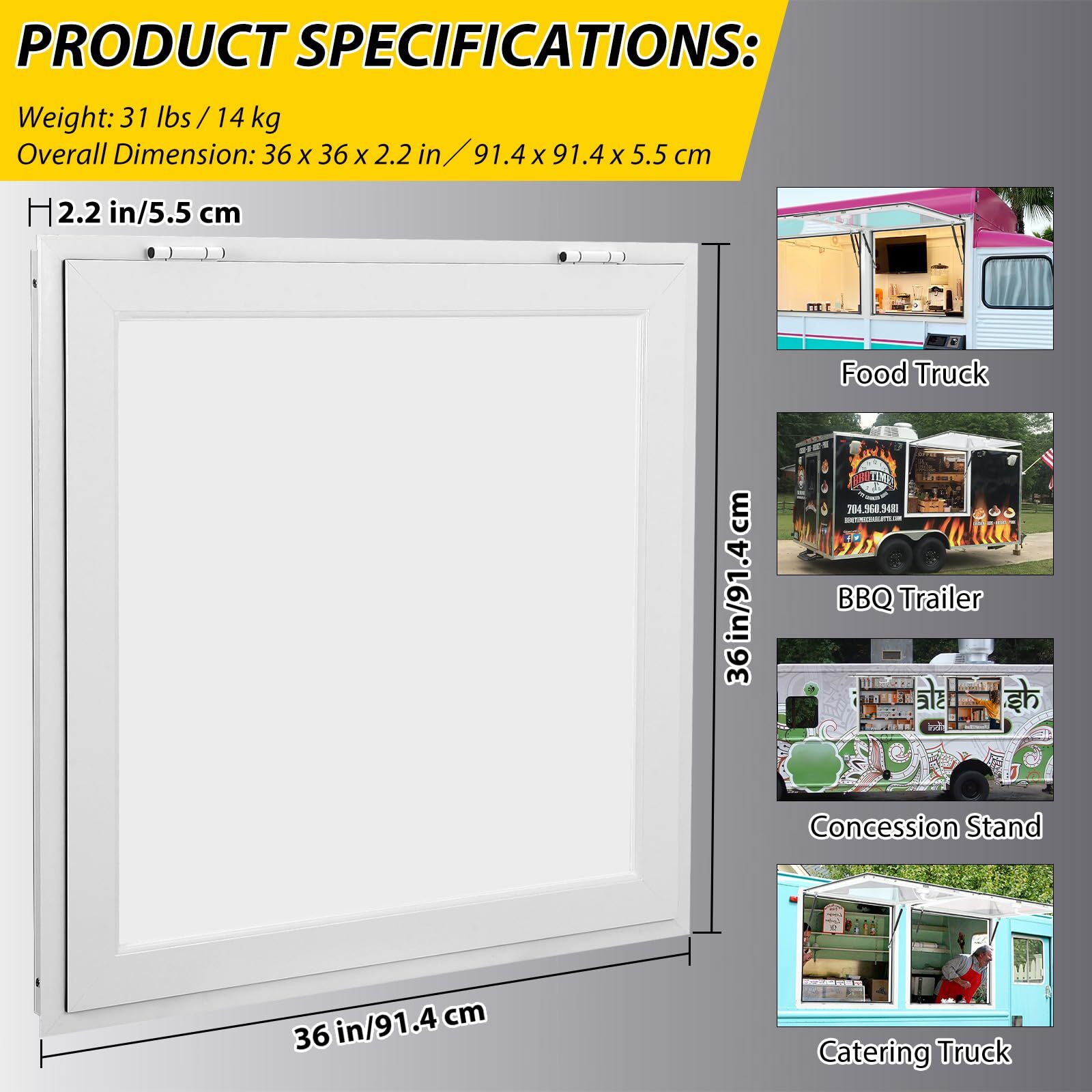 Concession Trailer Serving Window 36" x 36" 60" x 36" Food Truck Service Window