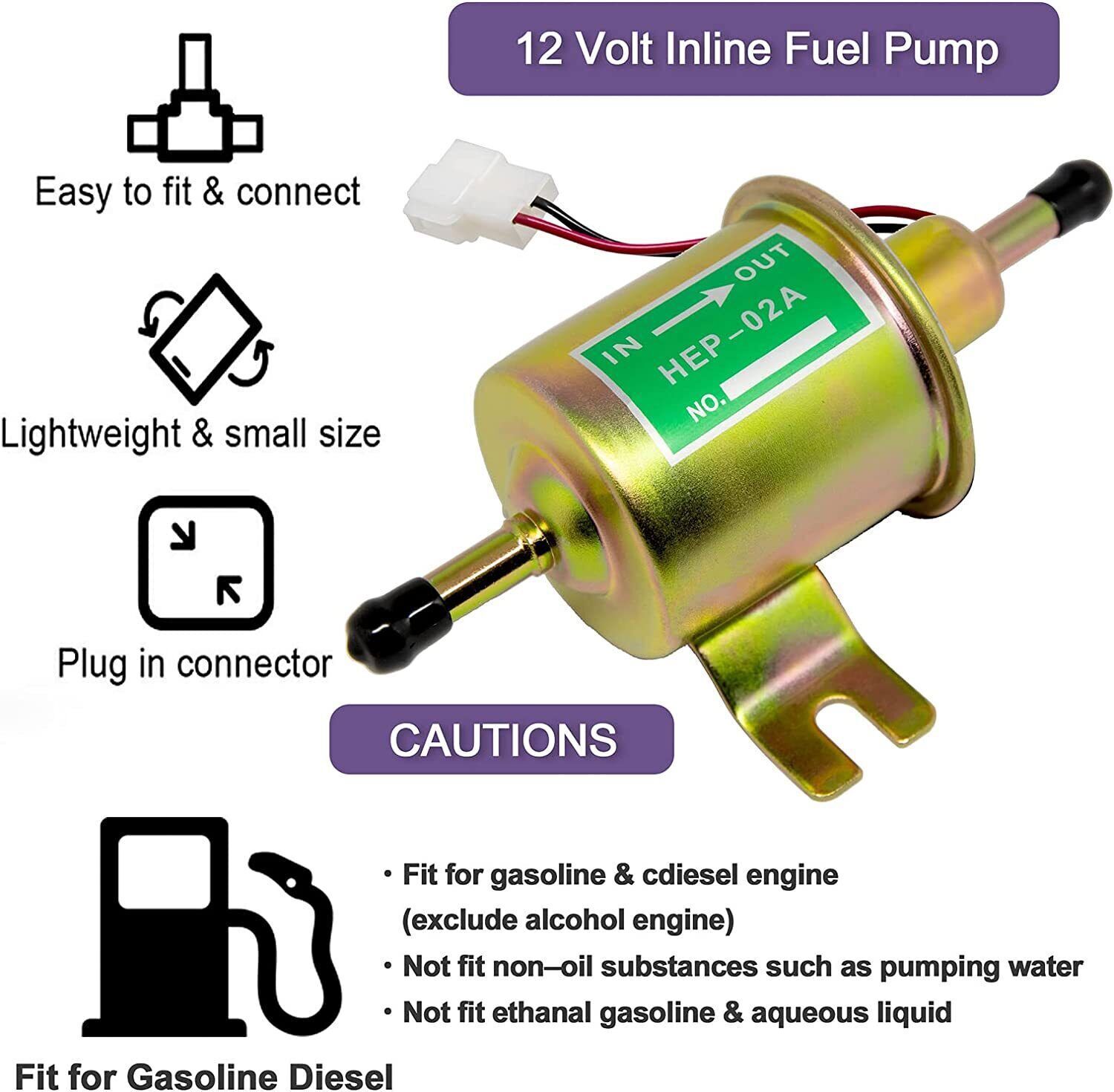 2 Packs 12V Electric Fuel Pump HEP-02A Universal Inline Low Pressure Gas Diesel
