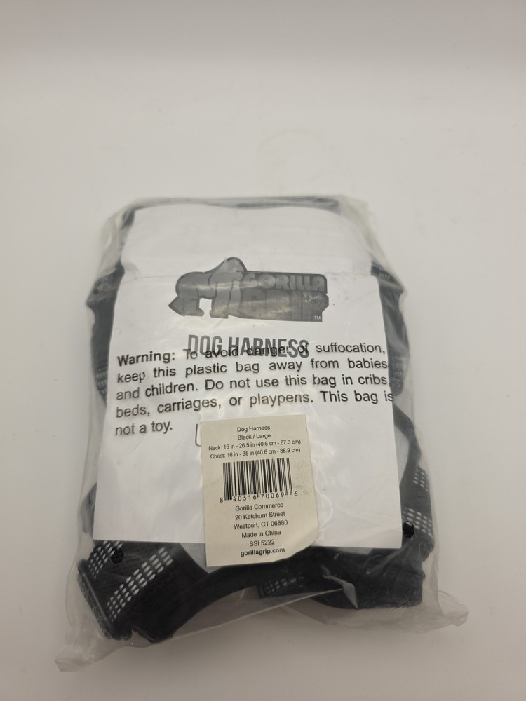 Nib Gorilla Grip Dog Harness No-Pull Black  Comfortable Durable Handle Large