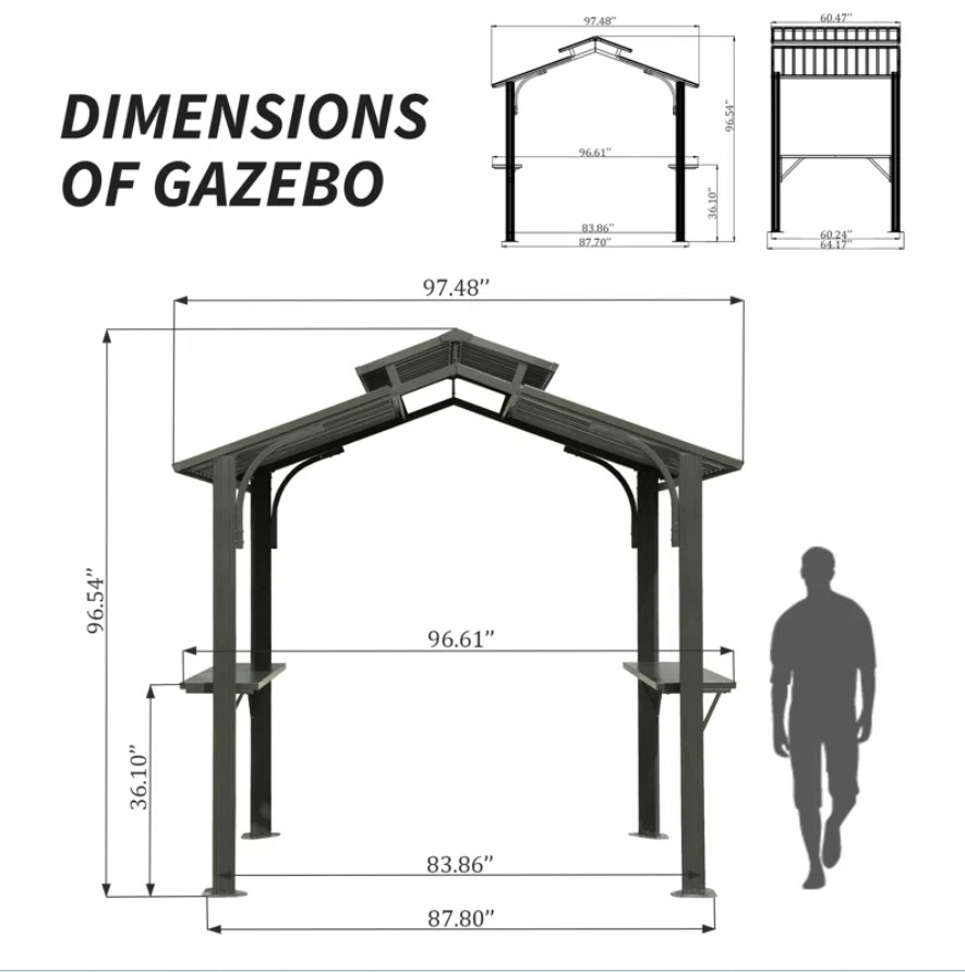 Domi Hardtop Double Roof Grill Gazebo 8x5FT w/Galvanized Steel,Side Shelves,Grey