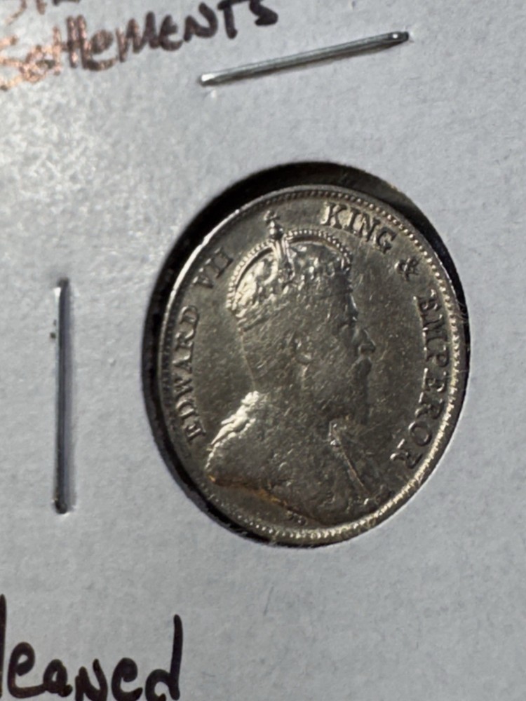 1902 Straits Settlement 10 Cents Silver Coin Cleaned