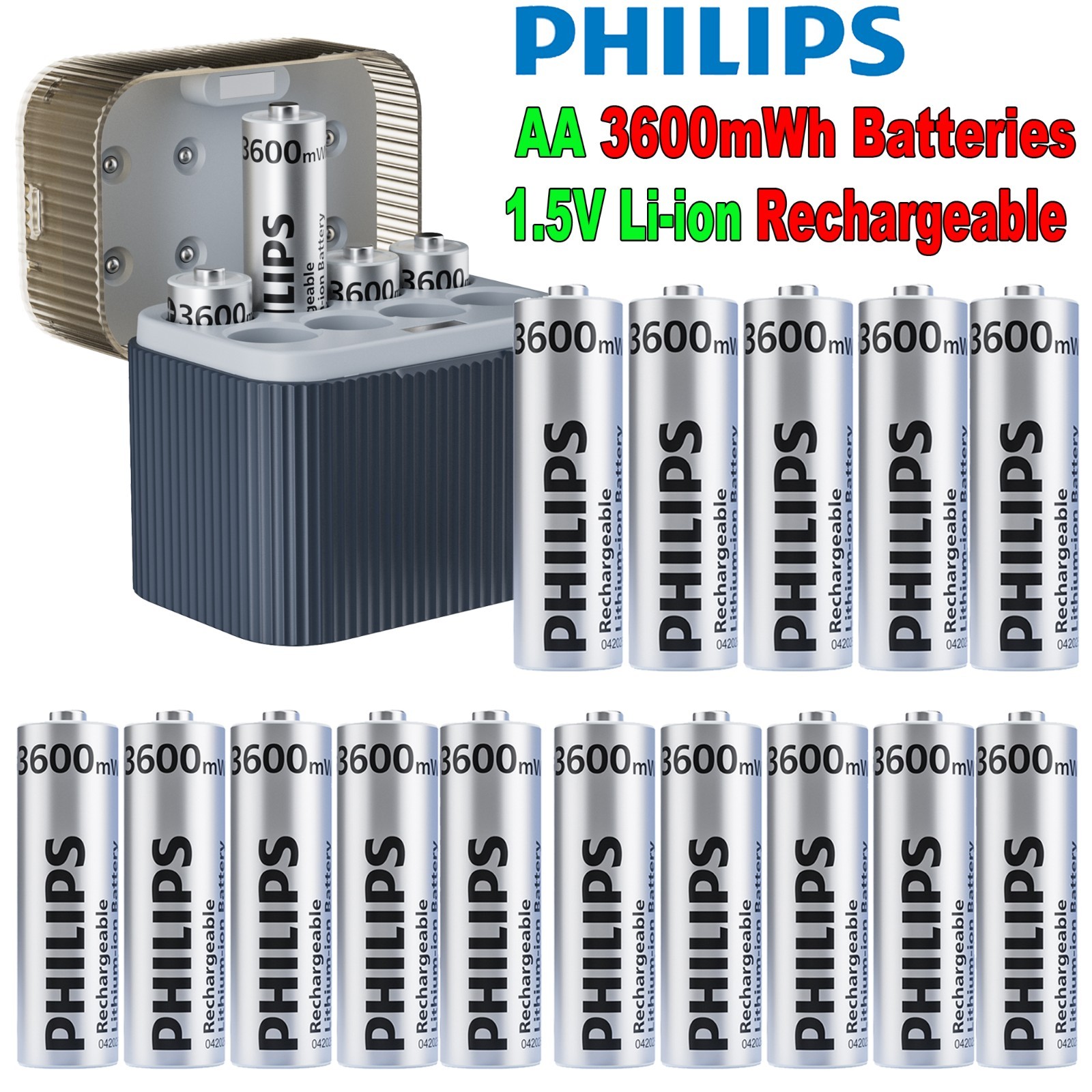 Philips Rechargeable AA Batteries 1.5V 3600mWh Li-ion Battery Lot / Charger Box