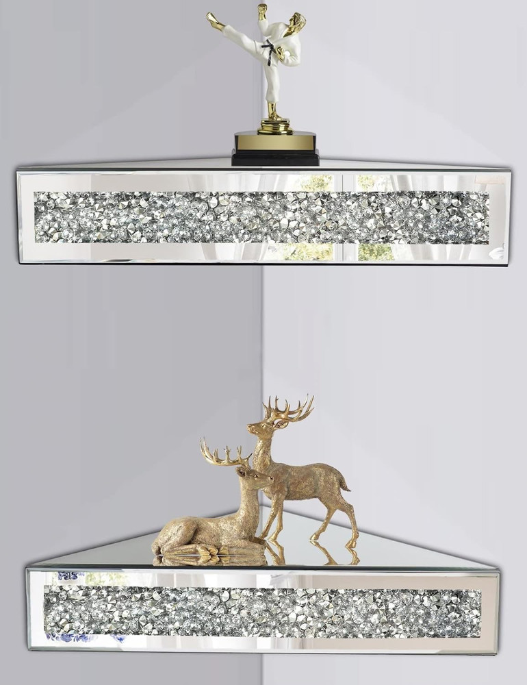 Mirrored Floating Corner Shelf, Silver Mirror Crushed Diamond Decorative Wall