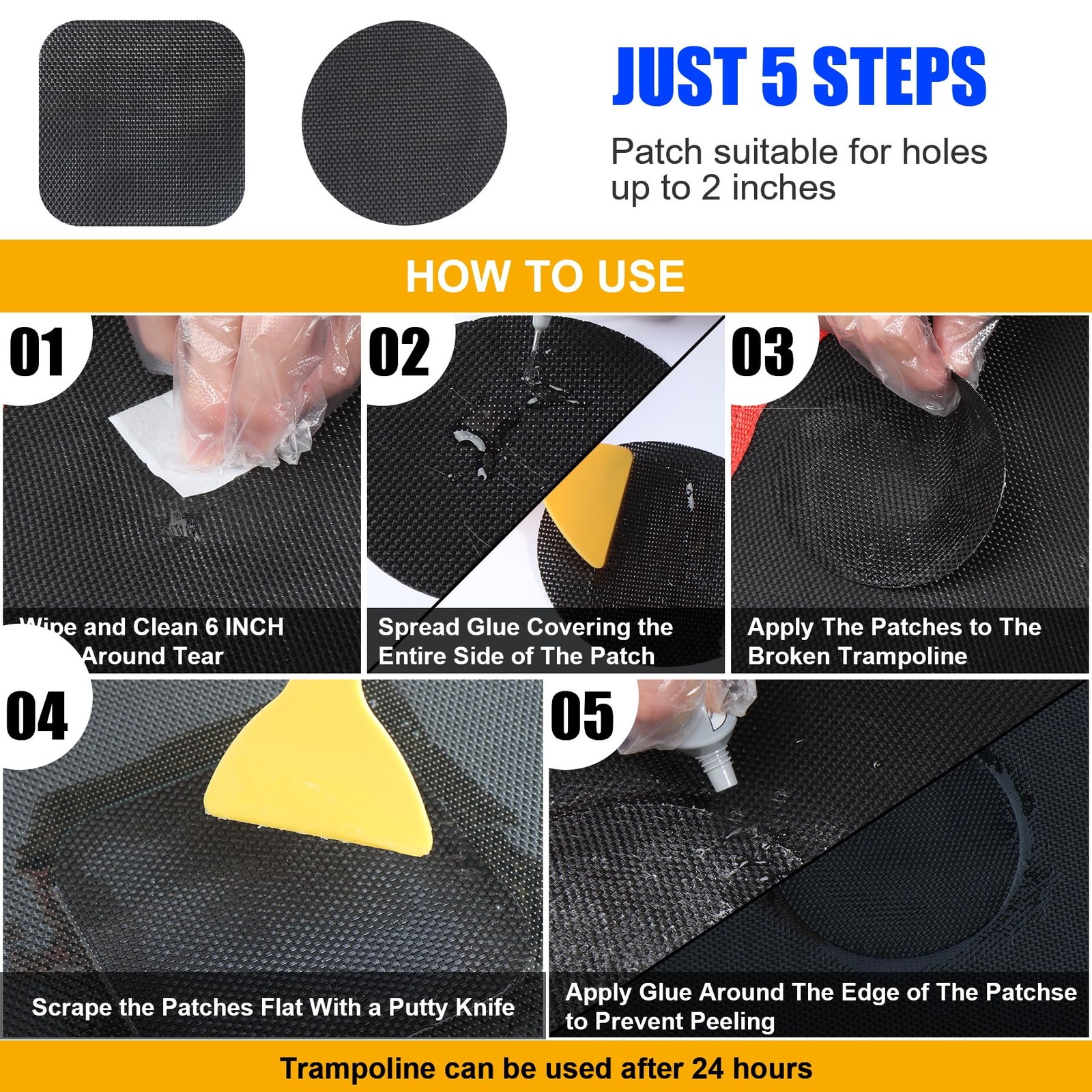 Trampoline Patch Repair Kit 4.1'' Round Square Patches | Repair Trampoline Ma...