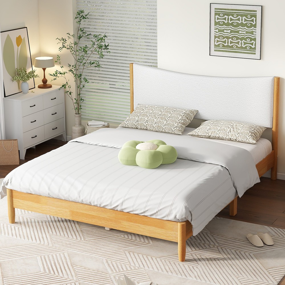 Queen Size,Solid Rubber Wooden Bed with Boucle Upholstered Headboard,Enhanced by