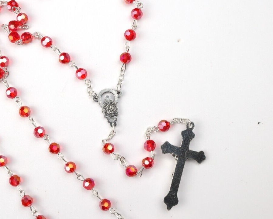 Silver Tone and Red Miraculous Medal Centerpiece Glass Prayer Bead Rosary 20 In
