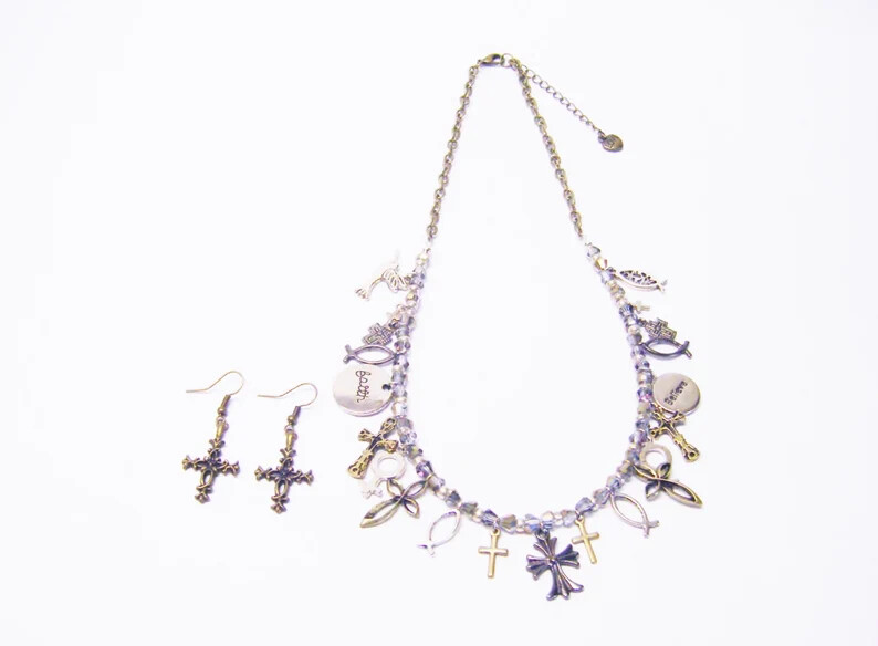 Assorted Crosses/Religious Emblem Necklace/Earrings Set
