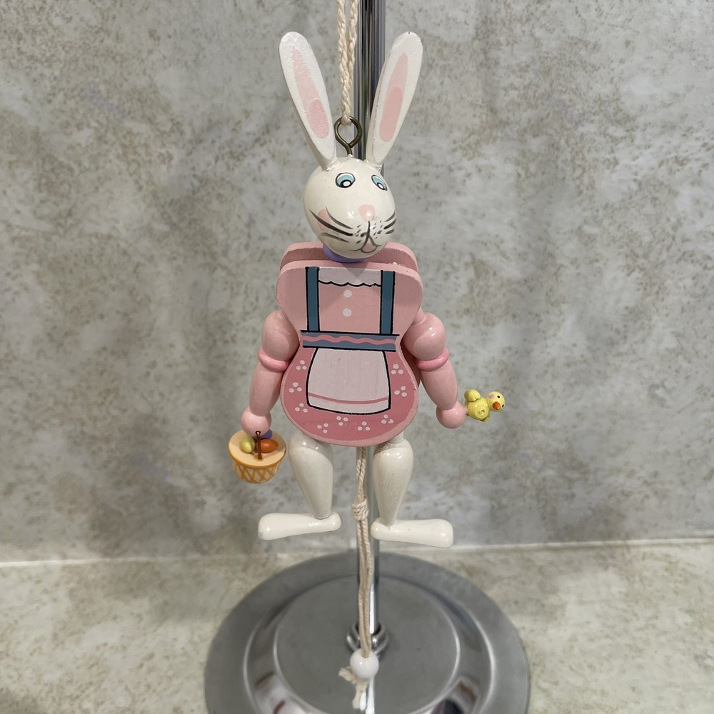 Vintage Wooden Easter Rabbit Bunny Pull-String Toy Jumping Puppet 7.5” H