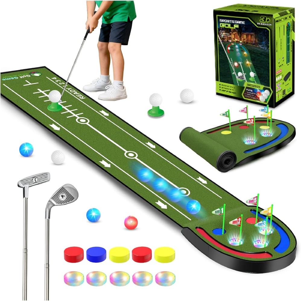 TERRAMUS Kids Golf Putting Mat LED Light Practice Set
