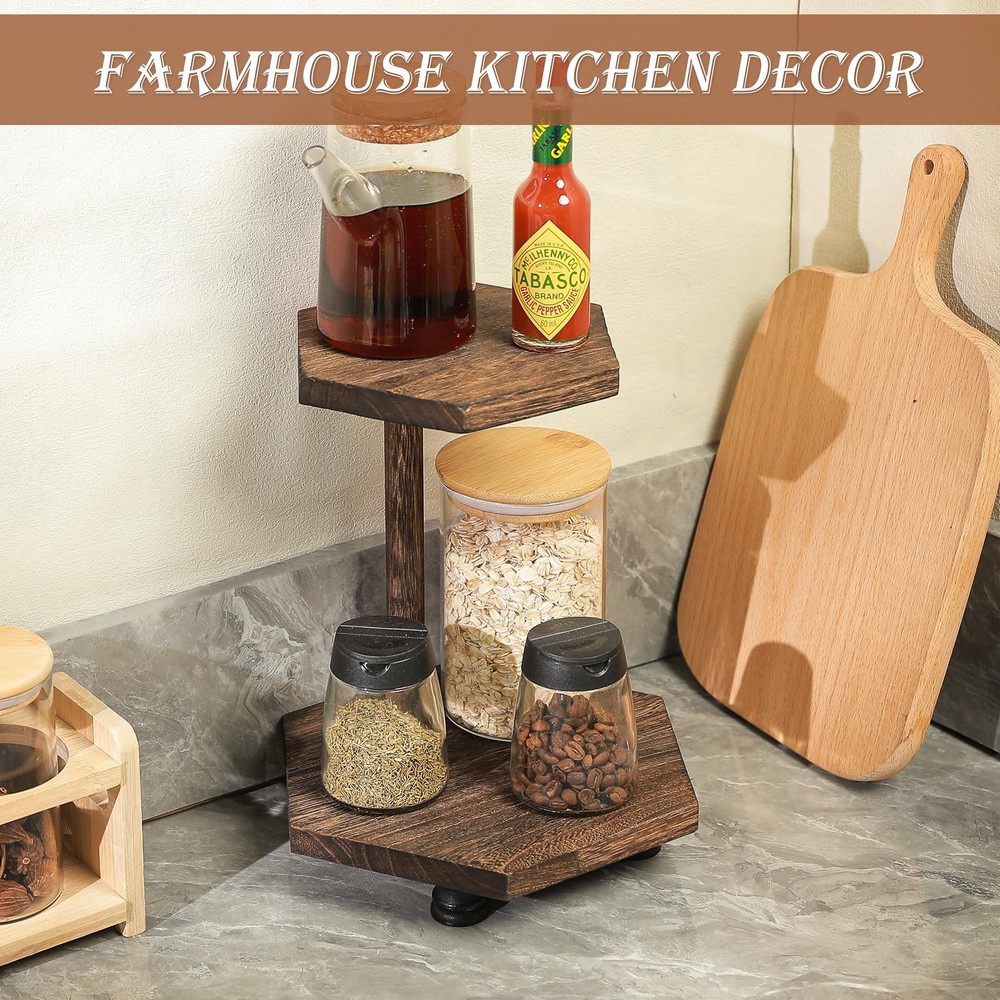Hexagonal Wood Riser for Display, 2-Tier Rustic Wood Farmhouse Riser for Kitc...