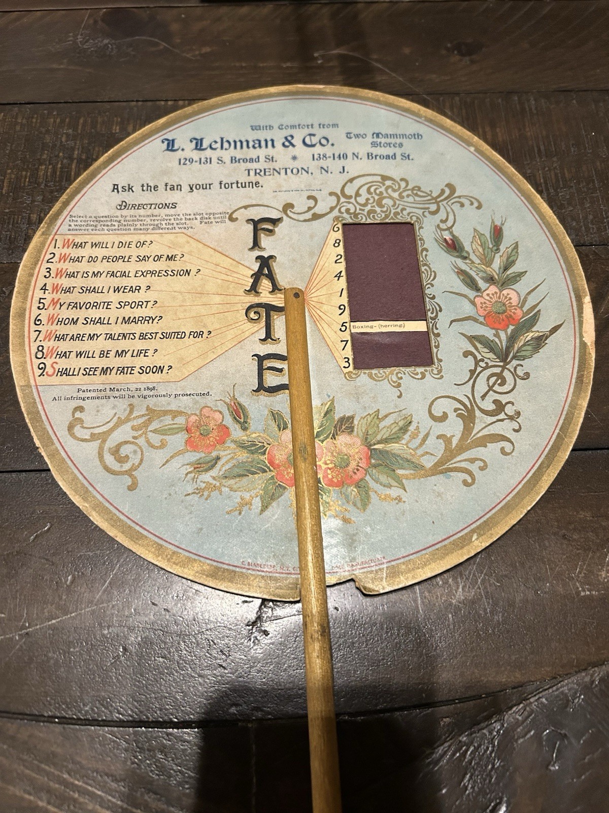 1898 “FATE” Fortune Teller Advertising Mechanical Hand Fan Trenton NJ