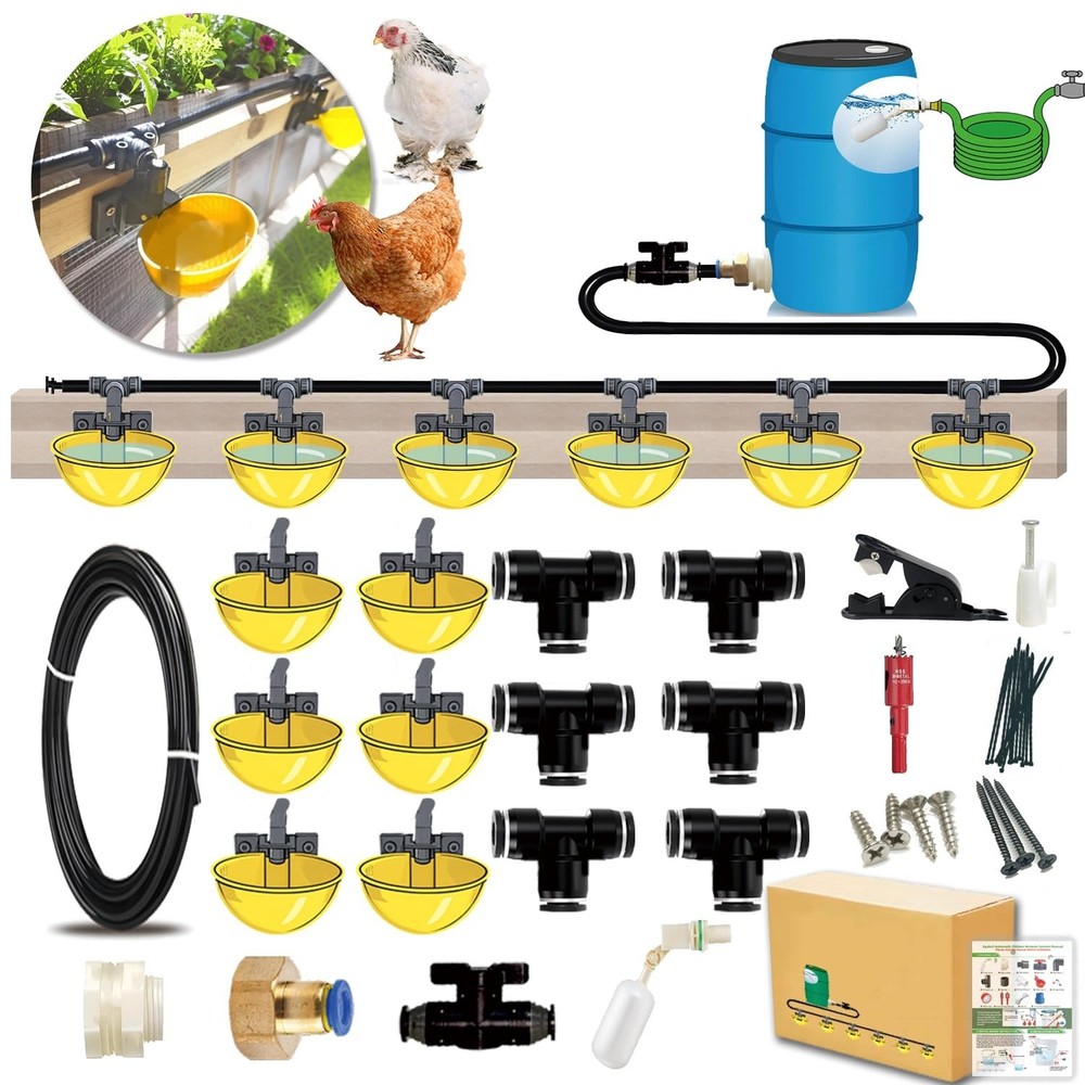 Automatic Chicken Waterer System - Complete Set with Quick-Connect, 18ft Pipelin
