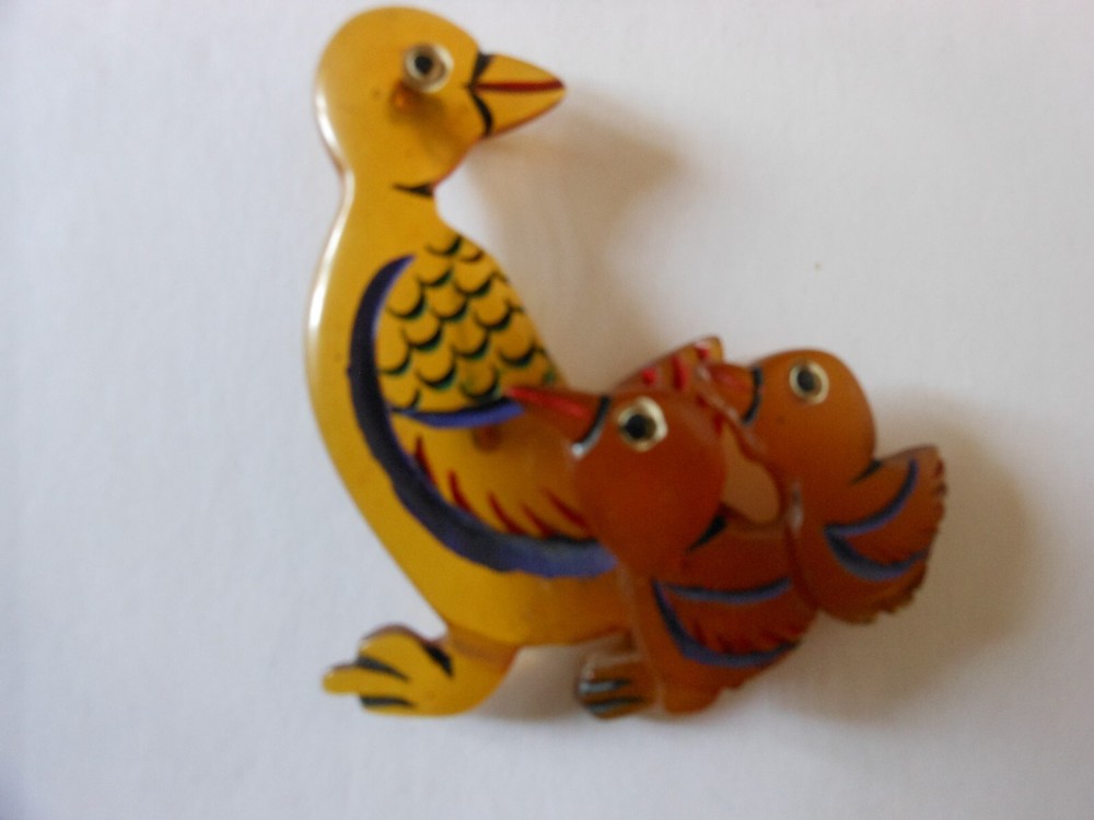 Bakelite Duck with Movable Ducklings Pin Brooch