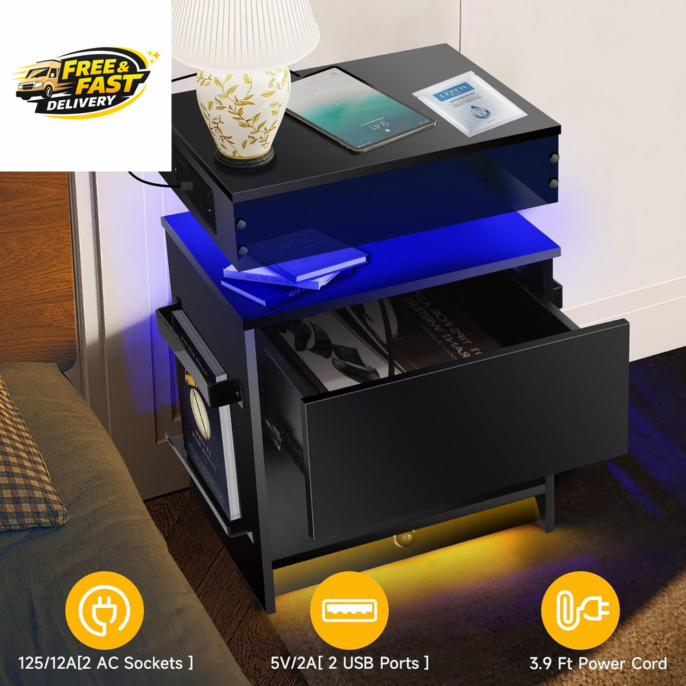 Nightstand with Induction Light & Side Charging Station, Modern Bedside with &