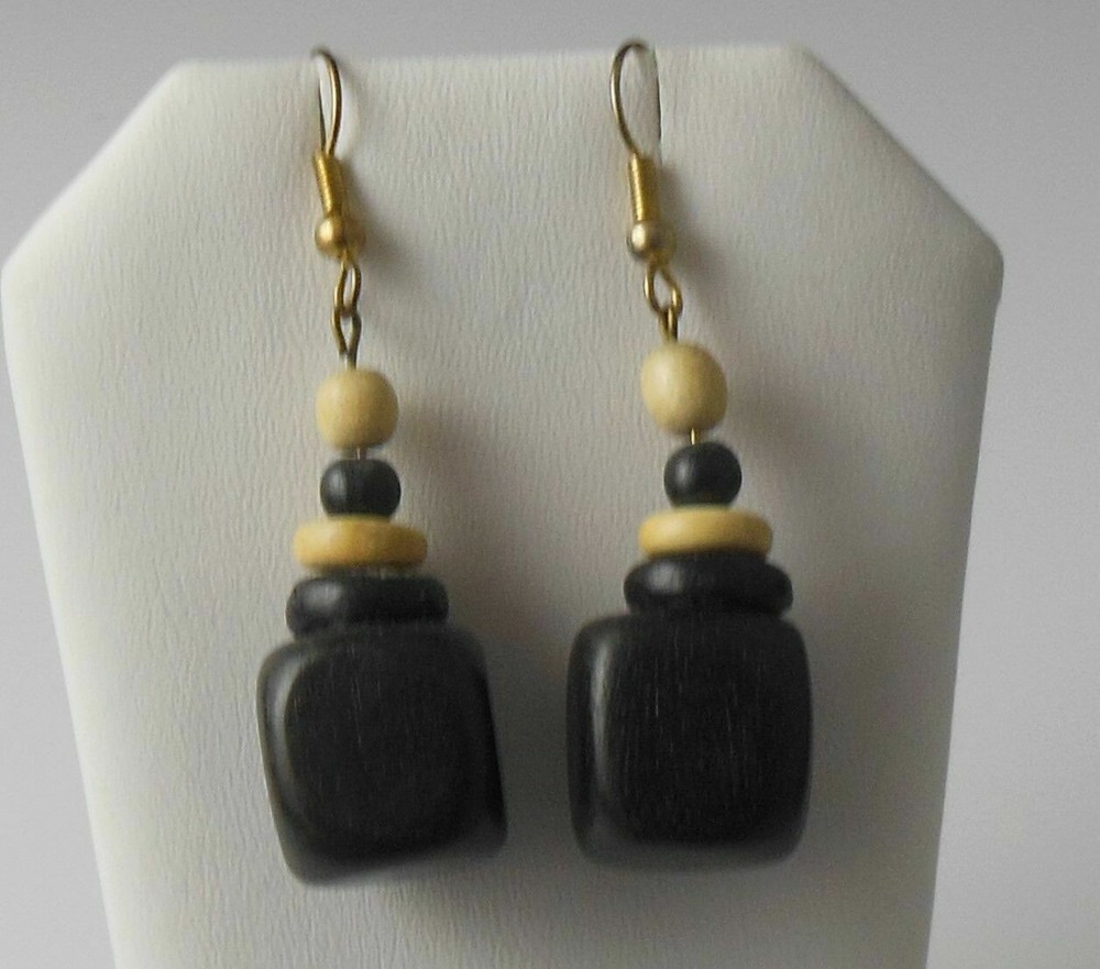 Wood Bead Dangle Hook Earrings 2" Long