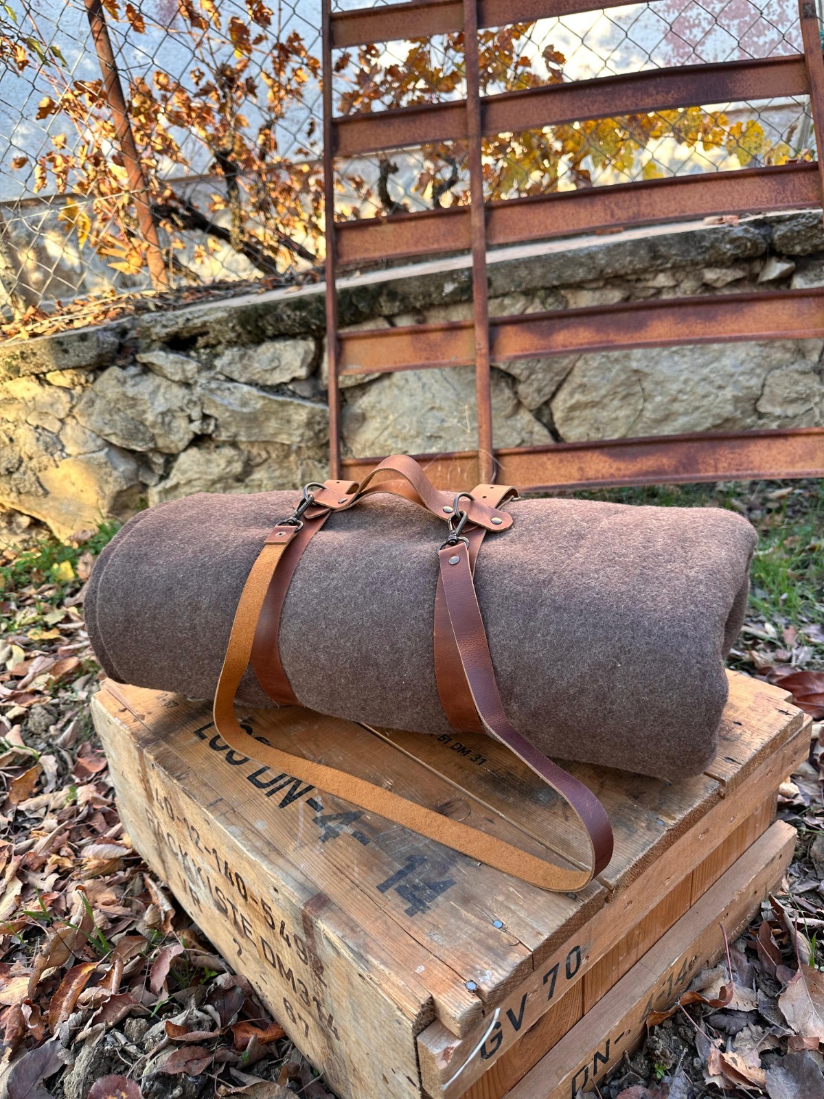 Bushcraft Wool Blanket with Handmade Leather Strap, Natural Blanket For Outdoor