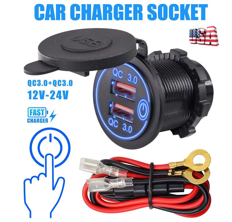 12V Car Cigarette Lighter Socket Dual QC 3.0 USB Port Charger Power Outlet LED