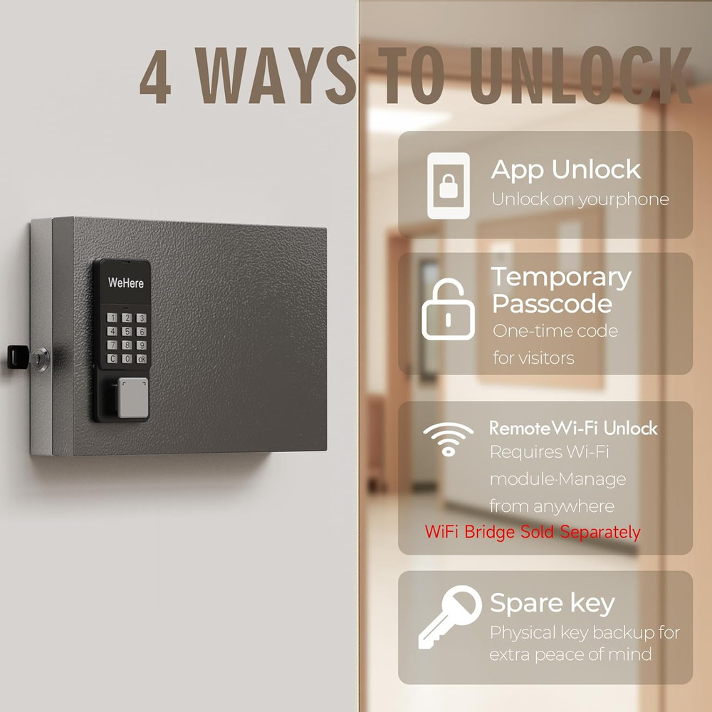Wehere 16 Key Lock Box Wall Mount, APP Bluetooth/Otp/Wi-Fi/Fixed Code/Key Unlock