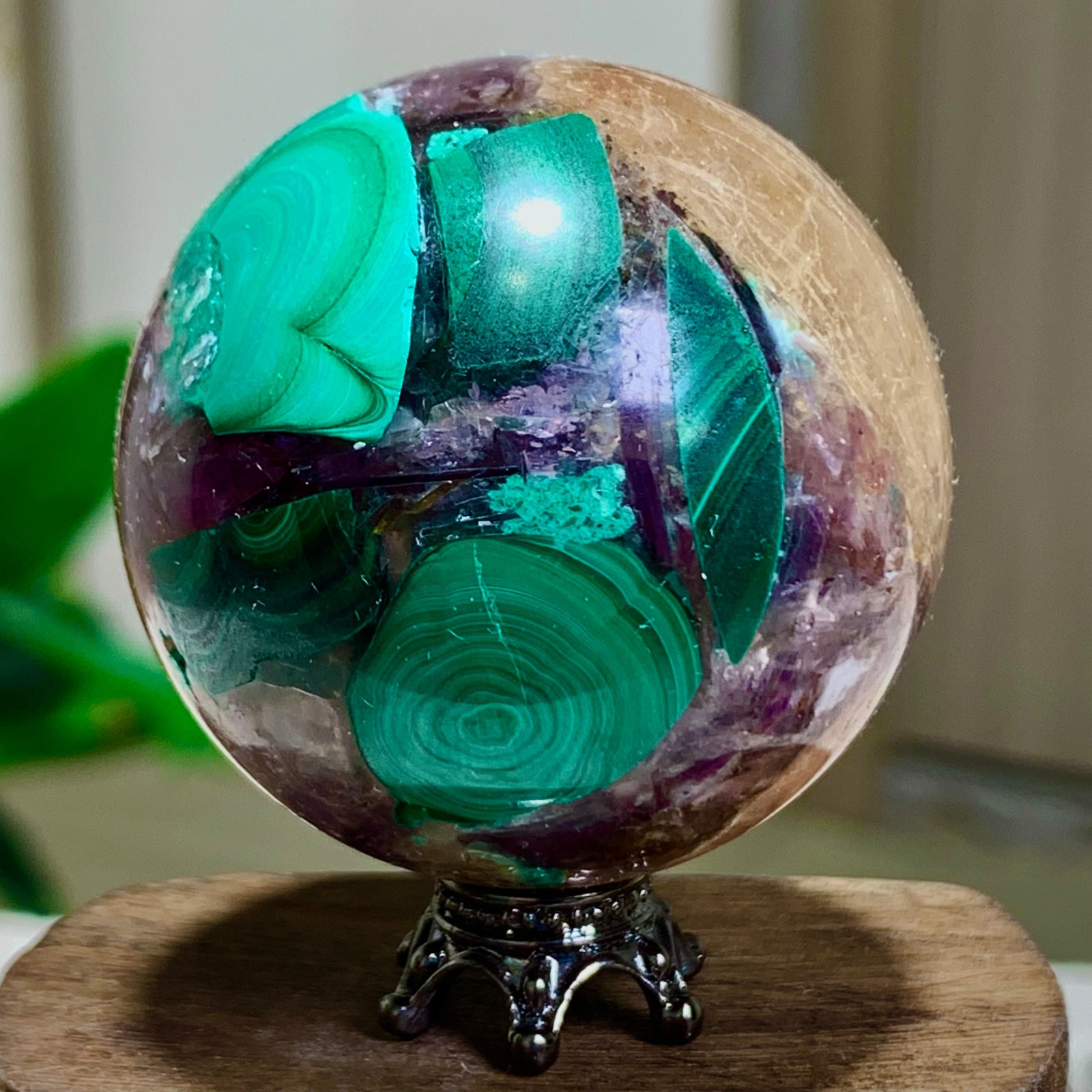 97G Newly discovered rare malachite purple mica symbiotic sphere restoration