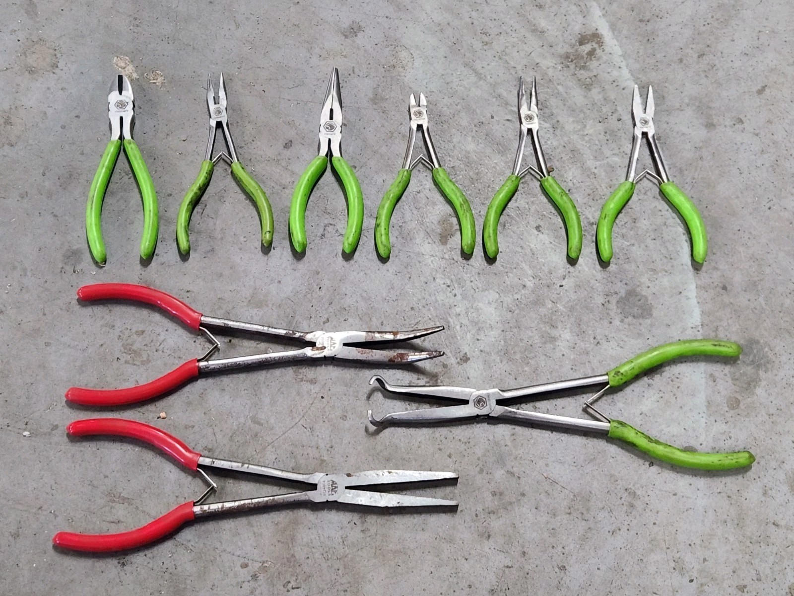 Lot 9 MATCO Mac PLIERS Cutters Needle HOSE CLAMP LONG REACH Green Red USED