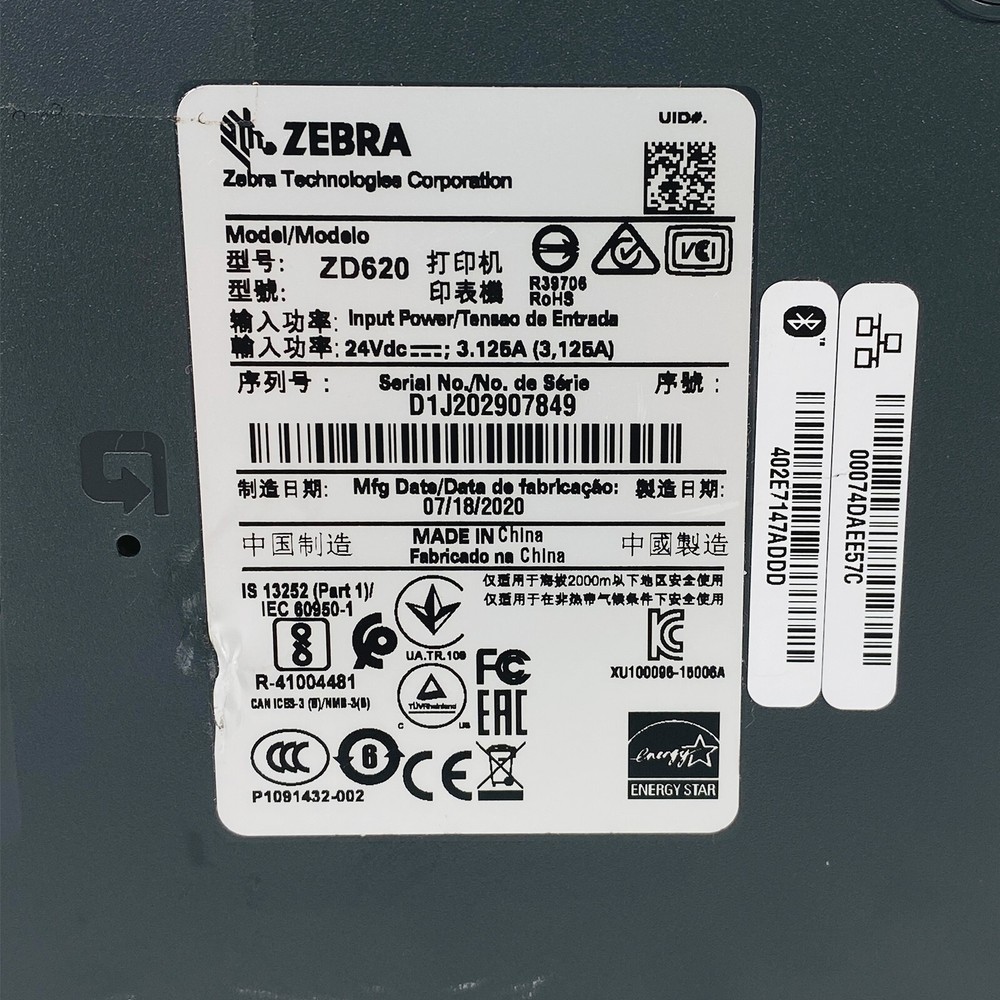 Zebra ZD620 Thermal Transfer Label Printer 300 dpi USB Ethernet Bluetooth TESTED