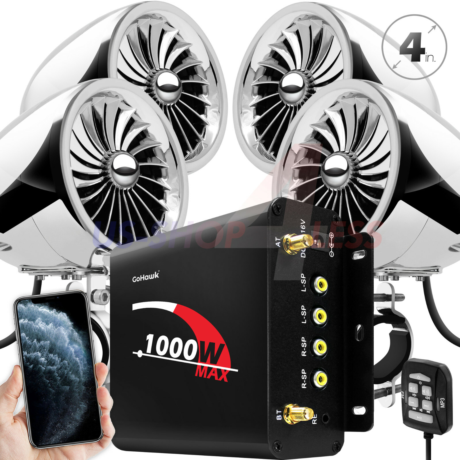 1000W Bluetooth Motorcycle Stereo 4 Speaker Audio MP3 System AUX USB SD FM Radio