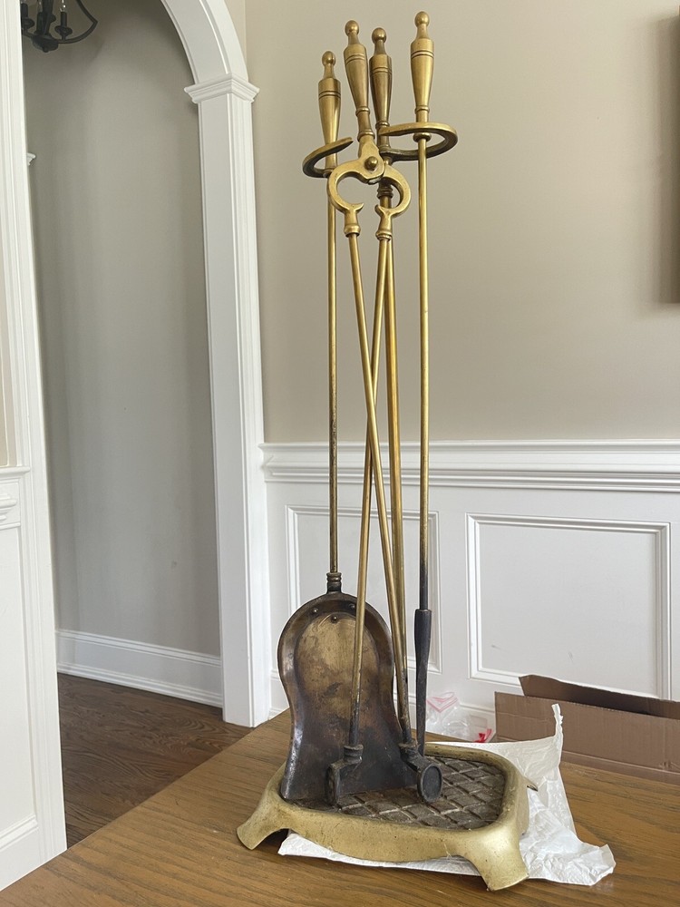 Vintage Solid Brass Fireplace Tool Set 4 Piece + Stand Missing Broom Head