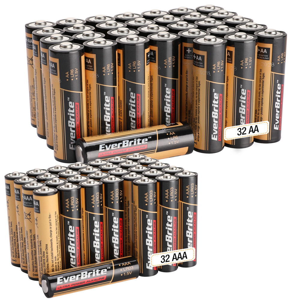 EverBrite 64PCS Alkaline Battery Pack 32PACK AAA/32PACK AA Alkaline Battery PACK