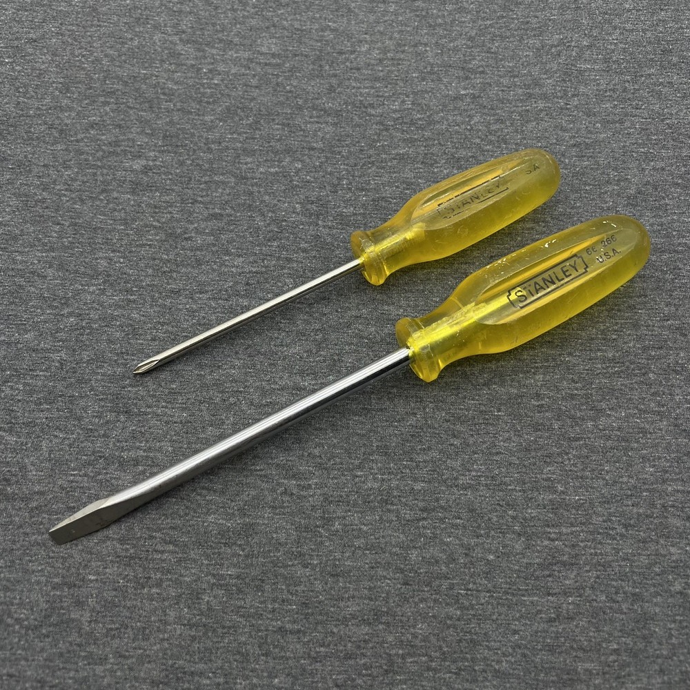 Vintage Stanley 2pc Screwdrivers Phillips & Flat Yellow Workmaster Handle USA