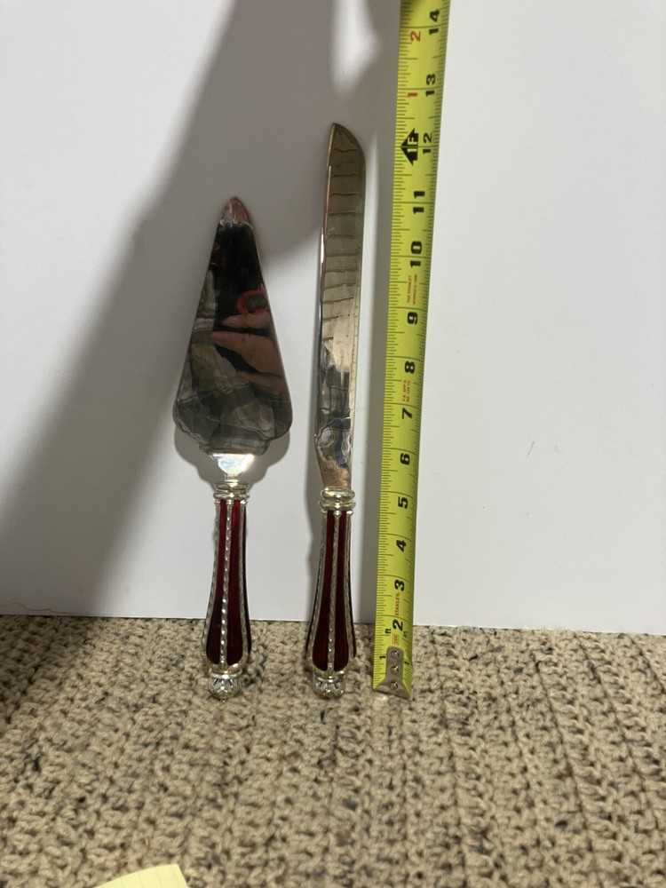 Silver Plated Dessert Set-Knife & Server w/Ruby Red Glass & Silver Accent Handle