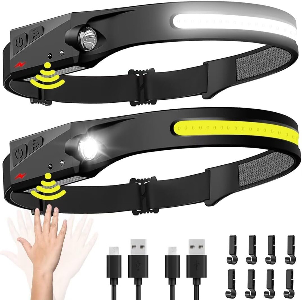 Rechargeable 2-Pack LED Headlamps with Motion Sensor - Waterproof and Versatile