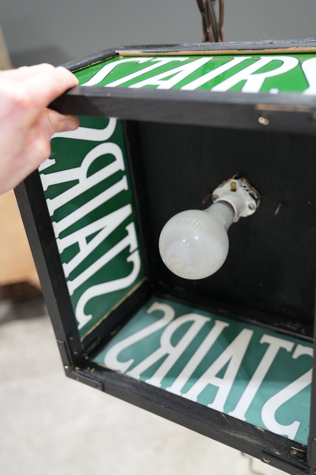 Vintage Stairs Lighted Sign Reverse Painted Glass Green Exit Light Stairway