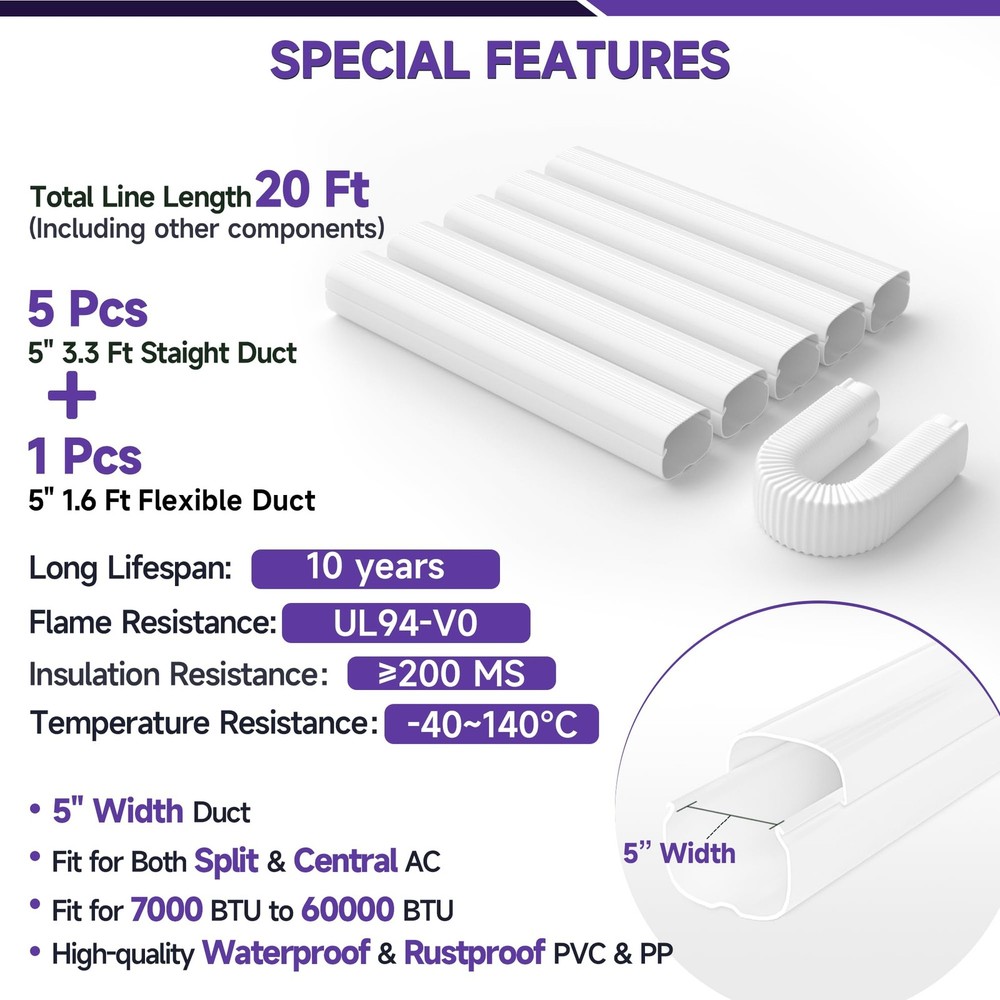 5'' 20 Ft Mini Split Line Cover Set, PVC & PP Line Set Cover for Mini Split A...